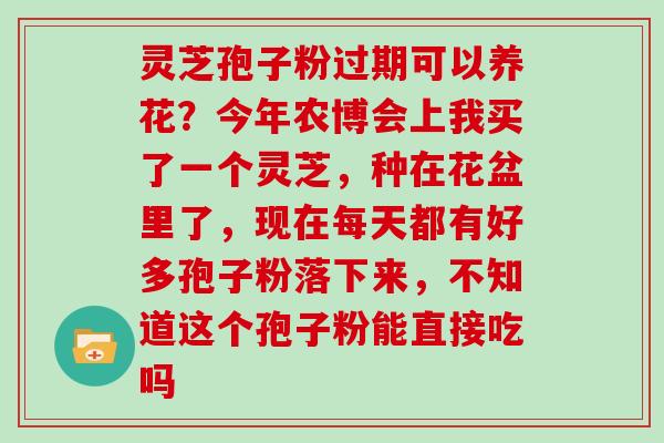 灵芝孢子粉过期可以养花?今年农博会上我买了一个灵芝,种在花盆里了,现在每天都有好多孢子粉落下来,不知道这个孢子粉能直接吃吗 灵芝孢子粉过期可以养花?今年农博会上我买了一个灵芝,种在花盆里了,现在每天都有好多孢子粉落下来,不知道这个孢子粉能直接吃吗