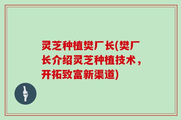 灵芝种植樊厂长(樊厂长介绍灵芝种植技术,开拓致富新渠道) 灵芝种植樊厂长(樊厂长介绍灵芝种植技术,开拓致富新渠道)